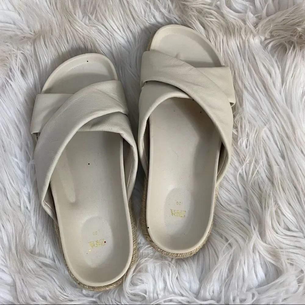 NEW ZARA ecru white leather flat wide straps sandals 39 US 8.5 - Picture 4 of 11
